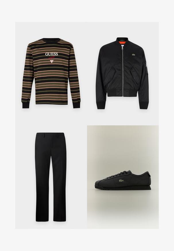 Lacoste Bomber stiliaus striukė - black; Juodos, alyvuogių žalios ir rožinės spalvos dryžuota marškinėlių su ilgomis rankovėmis. Krūtinėje siuvinėta "GUESS" ir trikampio logotipas. Minkšta medžiaga.; Juodos pritaikytos kelnės su tiesiu kojų dizainu, pagamintos iš lygaus audinio. Savybės: plokščias priekis ir vidutinio aukščio liemuo.; Juodos žemos klasės sportbačiai su raištelių užsegimu, tekstūruotu padu ir auksiniu krokodilo logotipu šone.