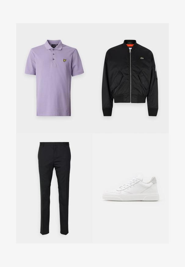 Lacoste Bomber bunda - black; Polo tričko v světlé levandulové barvě s tříknoflíkovým zapínáním, krátkými rukávy a vyšitým žlutým logem na hrudi. Měkká bavlněná tkanina.; Černé elegantní kalhoty s rovnýma nohavicema, vyrobené z hladkého materiálu. Obsahují poutka na opasek a detail sklady na přední straně.; Bílé kožené tenisky s hladkým povrchem, zaoblenou špičkou, plochými tkaničkami a texturovanou podrážkou. Šedý semišový detail na patě.