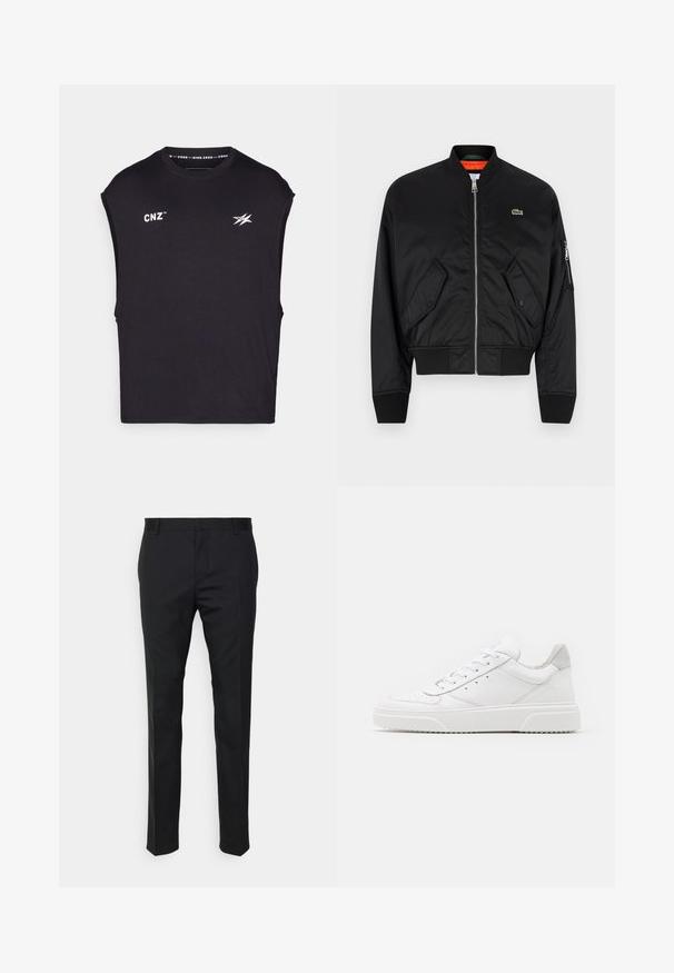 Lacoste Bombertakki - black; Mustaton hihaton t-paita pehmeästä kankaasta, jossa on valkoinen "CNZ"-logo ja tyylitelty graafinen kuvasto edessä, pyöreä kaula-aukko ja rento istuvuus.; Mustat räätälöidyt housut suoran leikkauksen omaavina, valmistettu sileästä kankaasta. Ominaisuuksia ovat vyölenkit ja taitteet etuosassa.; Valkoiset nahkakengät, joissa on sileä pinta, pyöreä kärki, litteät nauhat ja teksturoitu pohja. Harmaa mokkanahka korostaa kantapäätä.