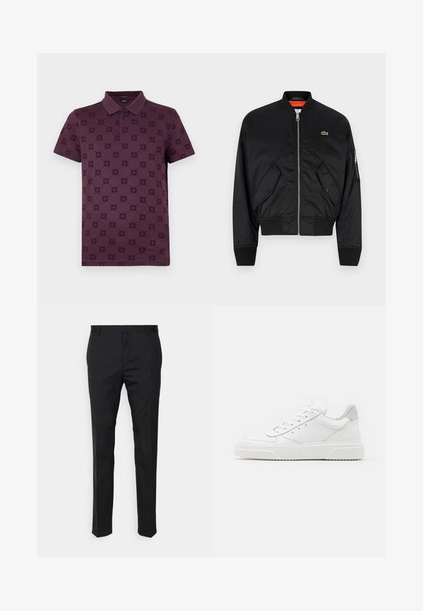 Lacoste Bombera - black; Burgundská polo košeľa s textúrovaným vzorom kruhových motívov, klasickým golierom a zapínaním na dva gombíky; krátke rukávy.; Čierne nohavice s rovnými nohavicami, vyrobené z hladkej tkaniny. Majú pútka na opasok a záhyby na prednej strane.; Biele kožené tenisky s hladkým povrchom, zaoblenou špičkou, plochými šnúrkami a textúrovanou podrážkou. Sivý semišový akcent na päte.