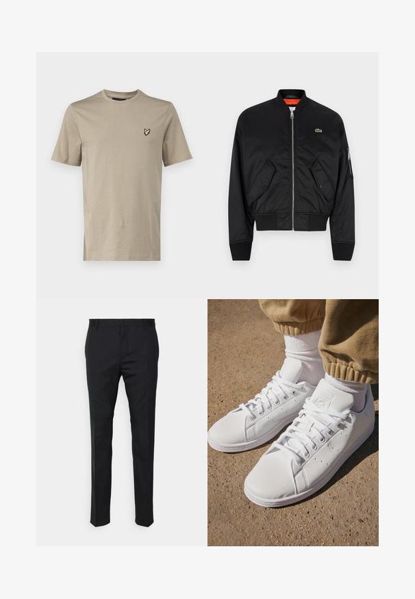 Lacoste Bomber Jacket - black; Lyle & Scott Basic T-shirt - sage; Black tailored trousers with a straight fit, made from smooth fabric. Features belt loops and crease detail along the front.; White leather sneakers with a smooth surface, featuring a classic lace-up design, perforations for breathability, and a textured rubber outsole.