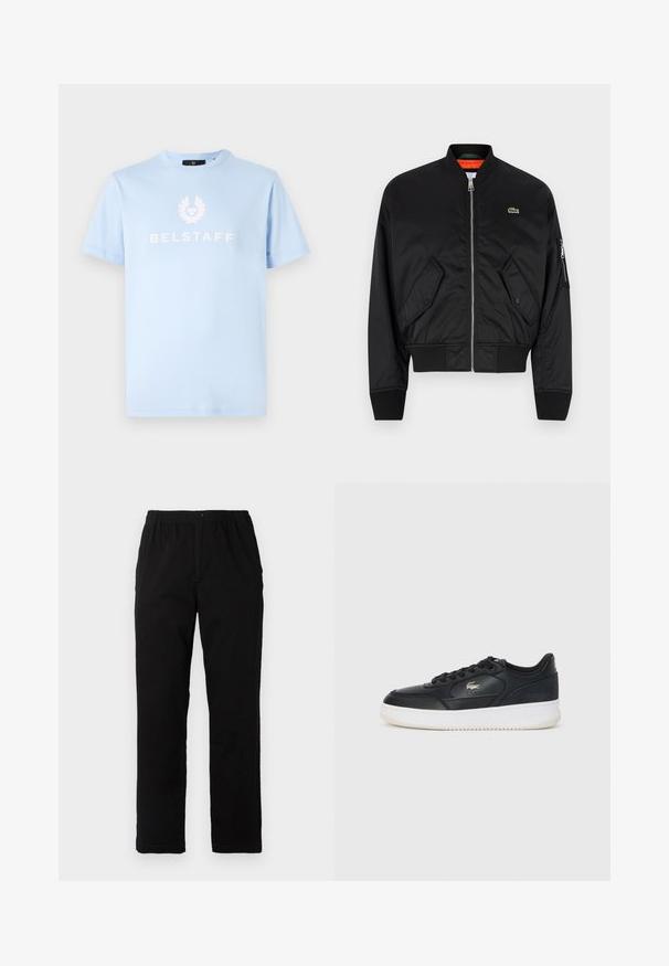 Lacoste Bomber-jakk - black; Hele sinine puuvillane T-särk ümmarguse kaelusega, mille ees on valge "BELSTAFF" logo ja embleem trükitud. Lühikesed varrukad, sile tekstuur.; Mustad mustreid, puuvillast segakanga valmistatud mustad püksid, mis on sirge lõikega, elastse vöökoht ja nööp, ilma nähtavate mustrite või aktsentideta.; Must tosin nahast tossud valge pohja ja ümarate varvastega, söötud nööridega ja diskreetne logo küljes. Tekstuuritud ülaserv.