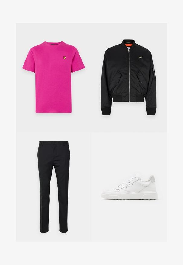 Lacoste Geacă bomber - black; Tricou din bumbac roz, cu guler rotund și mâneci scurte. Are un mic logo brodat galben pe partea stângă a pieptului. Textură netedă.; Pantaloni negri, croiți, cu o potrivire dreaptă, dintr-un material neted. Au curea de brâu și detaliu de pliuri pe față.; Adidași din piele albă cu un finisaj neted, vârf rotunjit, șireturi plate și o talpă texturată. Accente din piele întoarsă gri la călcâi.