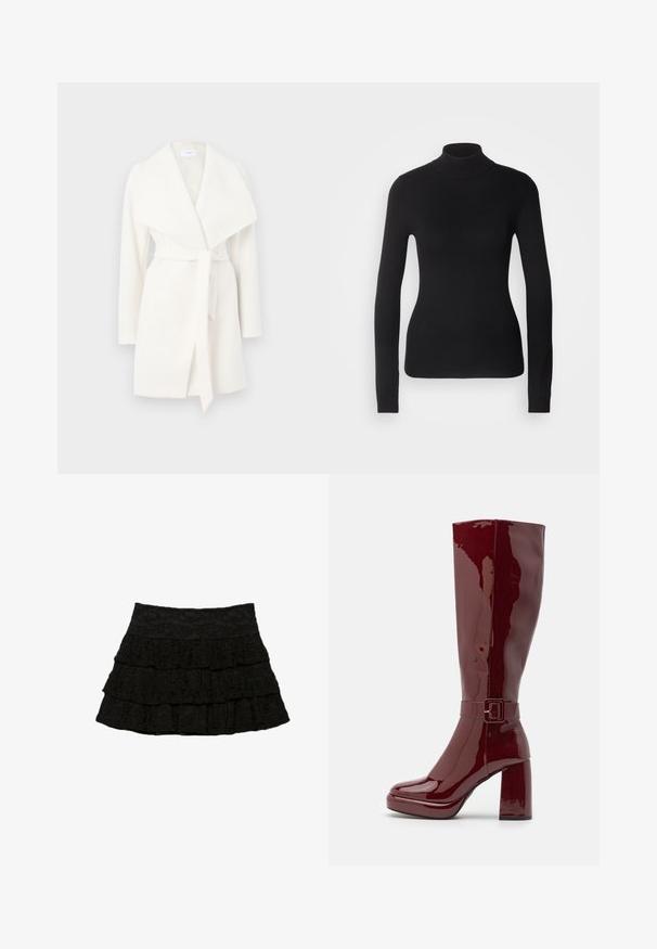 Vit långärmad omslagsoverall med bred krage och knytbelte; tillverkad av mjukt tyg med slät yta och rena linjer.; Svart polotröja i lättstickat tyg. Har långa ärmar, en figurnära design och en mjuk ribbad textur.; Svart flerlagad kjol med tre lager volanger och ett texturerat blommönster. Elastisk midja för komfort och passform.; Even&Odd Wide Fit Högklackad stövel - red
