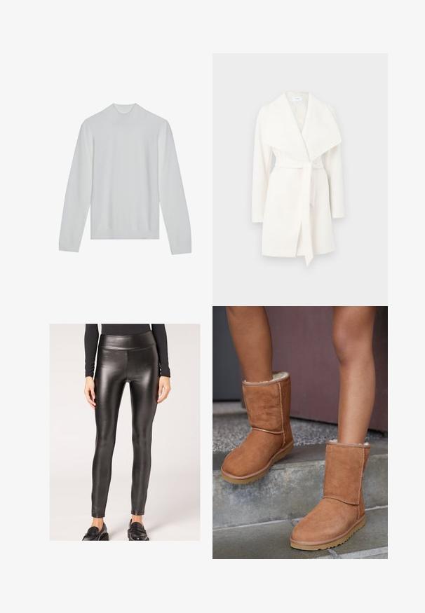Weißer langärmeliger Wickelmantel mit breitem Kragen und Bindegürtel; aus einem weichen Stoff mit glatter Textur und klaren Linien.; Weißer Rollkragenpullover mit langen Ärmeln, geripptem Kragen und Saum. Weiche Textur, minimalistisches Design ohne sichtbare Muster oder Akzente.; Schwarze, synthetische Leder-Leggings mit hoher Taille, glatter Textur und figurbetontem Design, das eine elegante Silhouette und minimalistische Details bietet.; Braune Wildleder-Stiefeletten mit runder Spitze, weicher Innenausstattung und Gummisohle, die über sichtbare Nähte entlang der Nähte verfügen.