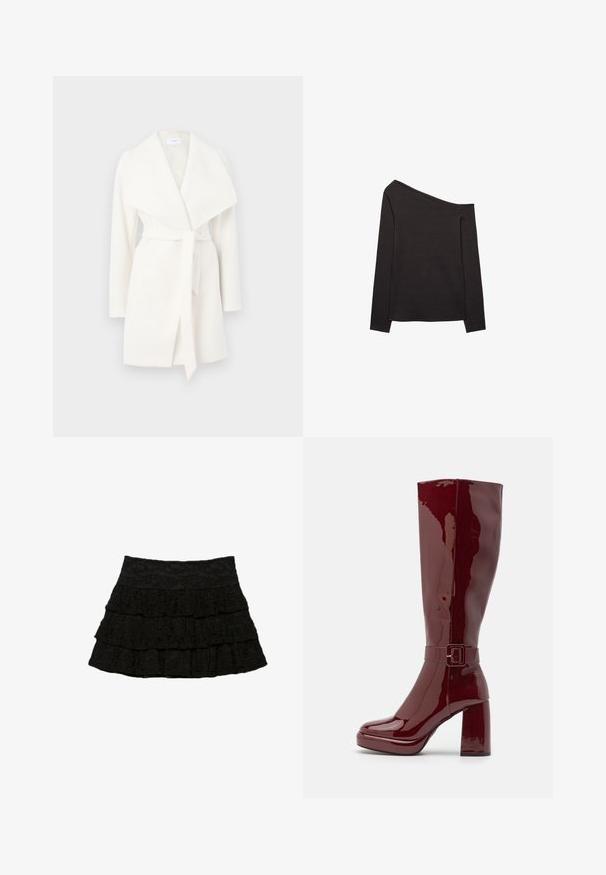 Manteau wrap blanc à manches longues avec un large col et une ceinture à nouer ; fabriqué en tissu doux avec une texture lisse et des lignes épurées.; Haut noir à manches longues dégageant les épaules, en tissu doux, offrant une coupe décontractée et une texture lisse. Pas de motifs ni d'accent visibles.; Jupe noire à plusieurs niveaux comprenant trois couches de volants avec un motif floral texturé. Taille élastique pour le confort et l'ajustement.; Even&Odd Wide Fit Bottes à talons hauts - red