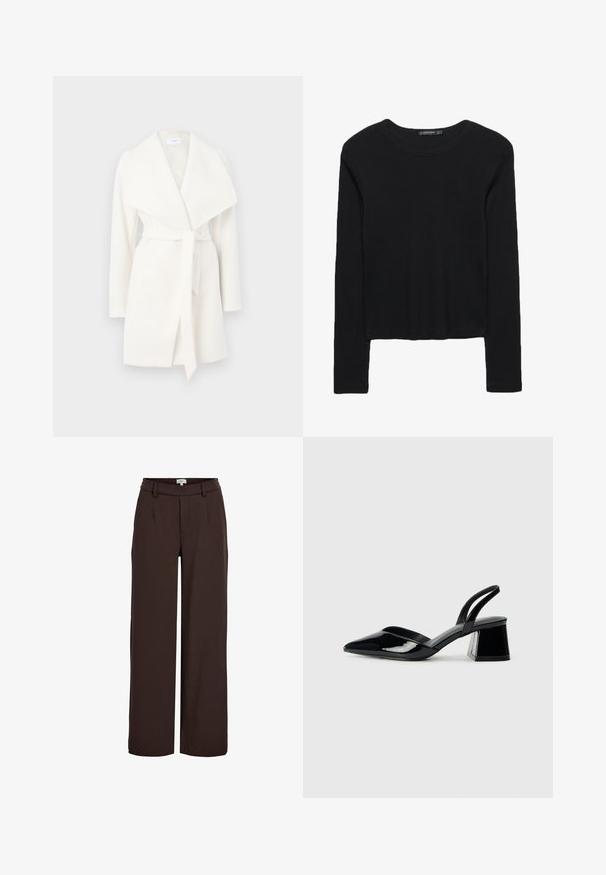 Bela dolgimi rokavi ovita jakna s širokim ovratnikom in pasom; izdelana iz mehke tkanine z gladko teksturo in čistimi linijami.; Črna dolga majica z dolgimi rokavi iz teksturirane tkanine. Ima okroglo izrez in kratek kroj z oprijetimi rokavi. Brez vidnih vzorcev.; Object OBJLISA WIDE NOOS - Hlače - java; Črne lakirane slingback pete s koničastim nosom in geometrijsko blokasto peto. Imajo eleganten, minimalističen dizajn in gladko teksturo.