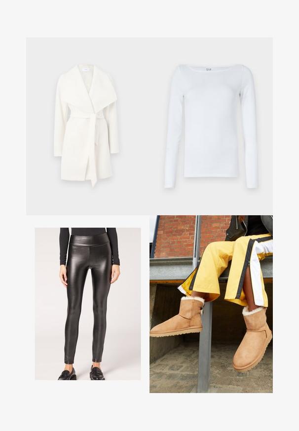 Cappotto avvolgente bianco a maniche lunghe con ampio colletto e cintura; realizzato in tessuto morbido con una texture liscia e linee pulite.; Camicetta bianca a maniche lunghe in misto cotone, con scollatura a girocollo e design slim fit. Nessun motivo o accento visibile.; Leggings neri in ecopelle a vita alta con una superficie liscia e un design aderente, caratterizzati da una silhouette elegante e dettagli minimi.; Stivali ankle in suede color tan con fodera interna pelosa e suole in gomma piatta, esposti accanto a pantaloni sportivi gialli con strisce nere e bianche.