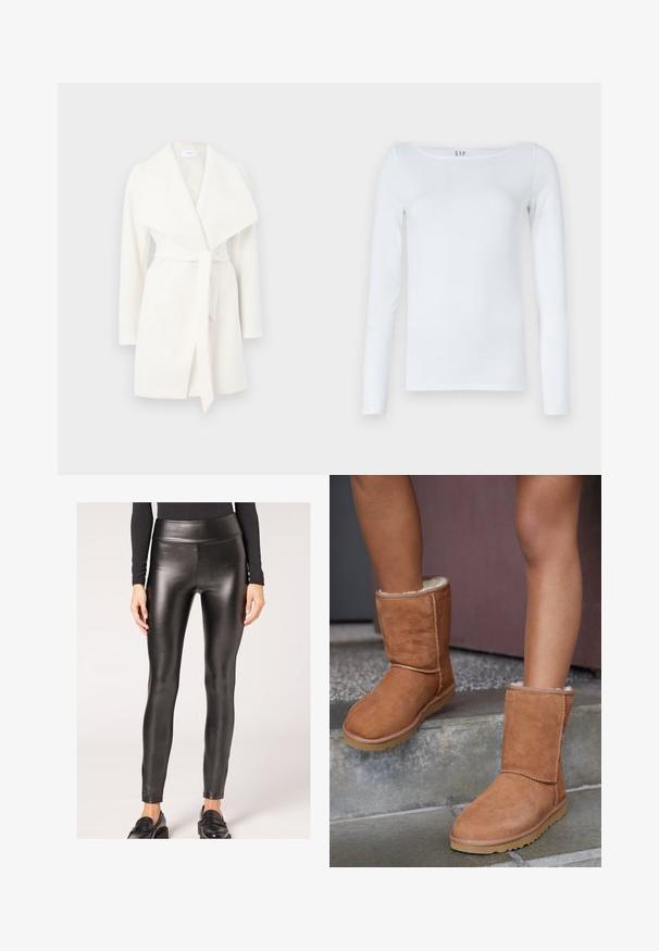 Manteau wrap blanc à manches longues avec un large col et une ceinture à nouer ; fabriqué en tissu doux avec une texture lisse et des lignes épurées.; Chemise blanche à manches longues en mélange de coton, avec un décolleté arrondi et une coupe slim. Aucune motif ou accent visible.; Leggings taille haute en simili cuir noir avec une texture lisse et une coupe ajustée, présentant une silhouette élégante et un minimum de détails.; Bottines en suede marron, à bout rond, avec une doublure douce et une semelle en caoutchouc, présentant des détails de couture visibles le long des coutures.