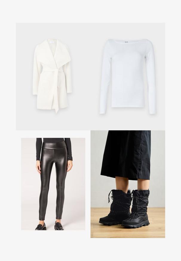 Hvid langærmet omslagsoverfrakke med bred krave og bælte; lavet af blødt stof med en glat tekstur og rene linjer.; Hvid langærmet skjorte lavet af bomuldsblanding, med en rund halsudskæring og et slankt snit. Ingen synlige mønstre eller detaljer.; Sorte faux læder leggings med høj talje, en glat tekstur og tætsiddende design, der har en strømlinet silhuet og minimal udsmykning.; Sorte vinterstøvler med en struktureret overflade, høj silhuet og samlet top. Har kontrasterende grønne snørebånd og robuste såler.
