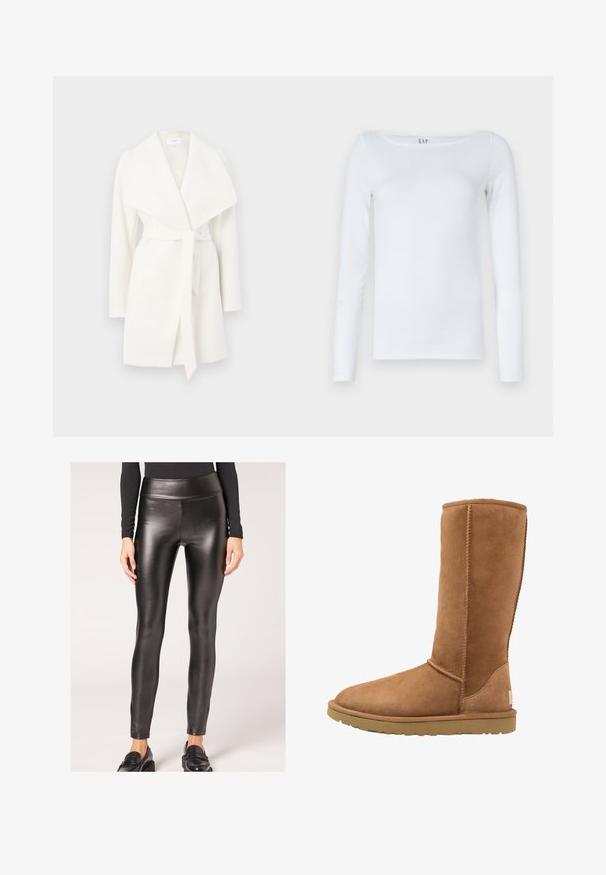 Biały płaszcz z długim rękawem, z szerokim kołnierzem i paskiem do przewiązania; wykonany z miękkiego materiału o gładkiej fakturze i czystych liniach.; Biała koszula z długim rękawem wykonana z mieszanki bawełny, charakteryzująca się okrągłym dekoltem i dopasowanym krojem. Brak widocznych wzorów lub akcentów.; Czarne leginsy z faux skóry o wysokim stanie, o gładkiej teksturze i dopasowanym kroju, charakteryzujące się smukłą sylwetką i minimalnym zdobieniem.; Wysoki, beżowy zamszowy kozak z zaokrąglonym noskiem i subtelnymi detalami w postaci przeszyć. Gumowa podeszwa zapewnia przyczepność, zaprojektowany z myślą o komforcie i cieple.