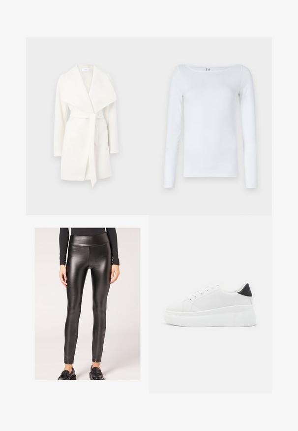 Weißer langärmeliger Wickelmantel mit breitem Kragen und Bindegürtel; aus einem weichen Stoff mit glatter Textur und klaren Linien.; Weißes Langarmshirt aus Baumwollmischung mit runden Ausschnitt und schmaler Passform. Keine sichtbaren Muster oder Akzente.; Schwarze, synthetische Leder-Leggings mit hoher Taille, glatter Textur und figurbetontem Design, das eine elegante Silhouette und minimalistische Details bietet.; Weiße Plateausneaker aus glattem Kunstmaterial, mit runder Zehenform, Schnürdesign und einer strukturierten Gummisohle. Schwarzer Fersenakzent.
