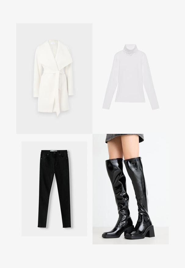 Biela dlhá zavinovacia bunda s širokým golierom a opaskom; vyrobená z mäkkej tkaniny s hladkou textúrou a čistými líniami.; Biely dlhý rukáv v štýle roláka vyrobený z hladkej, elastickej tkaniny. Má vysoký golier a priliehavý strih, bez viditeľných vzorov alebo ozdôb.; Čierne slim-fit džínsy vyrobené z denimu, s klasickým päťvreckovým dizajnom, zipsovým zapínaním a kovovým gombíkom. Hladká textúra po celom povrchu.; Čierne, lesklé čižmy po kolená so štvorcovou špičkou a robustným podpätkom. Majú bočný zips a priliehavý, textúrovaný dizajn.