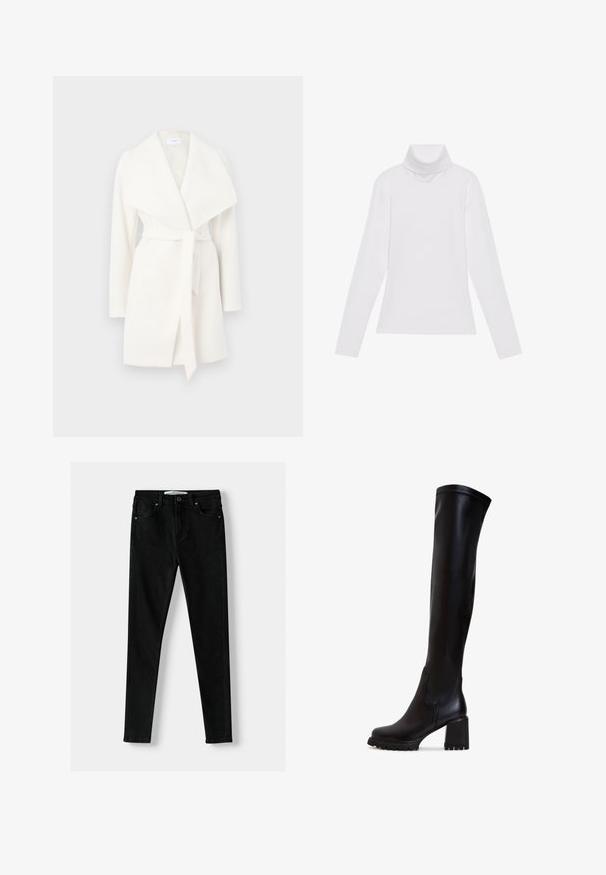 Fehér, hosszú ujjú, stílusos kabát széles gallérral és övvel; puha anyagból készült, sima textúrával és letisztult vonalakkal.; Fehér, hosszú ujjú, garbónyakú felső sima, rugalmas anyagból készült. Magas nyakkal és testhezálló fazonnal rendelkezik, látható minták vagy díszítések nélkül.; Fekete, slim-fit farmert nadrág, klasszikus ötpocket dizájnnal, cipzáras fly-zárral és fém gombos záródással. Egységes, sima textúra.; Fekete, térd fölé érő, bőr csizmák vastag sarokkal, sima textúrával és kerek orral; látható varrási részletekkel rendelkeznek a felsőrészén.