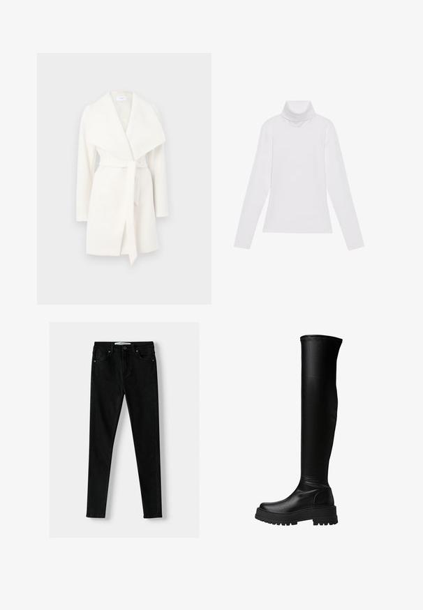 Weißer langärmeliger Wickelmantel mit breitem Kragen und Bindegürtel; aus einem weichen Stoff mit glatter Textur und klaren Linien.; Weißes Langarm-Turtleneck-Oberteil aus glattem, elastischem Stoff. Mit hohem Kragen und tailliertem Schnitt, ohne sichtbare Muster oder Verzierungen.; Schwarze Slim-Fit-Jeans aus Denim mit klassischem Fünf-Taschen-Design, Reißverschluss und Metallknopfverschluss. Durchgehend glatte Textur.; Knöchelhohe schwarze Stiefel aus glattem Synthetikleder, mit einer kräftigen Sohle und seitlichen Details, versehen mit einer Naht entlang der oberen Kante.