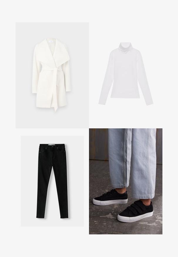 Valkoinen pitkähihainen kietaisutakki, jossa on leveä kaulus ja solmubandi; valmistettu pehmeästä kankaasta, joka on sileä ja puhtain linjoin.; Valkoinen pitkähihaisella poololla varustettu paita, joka on valmistettu sileästä ja joustavasta kankaasta. Ominaisuuksiin kuuluu korkeakauluksinen ja tiukka malli, ilman näkyviä kuvioita tai koristeita.; Musta slim-fit farkut, jotka on valmistettu denimistä ja joissa on klassinen viiden taskun muotoilu, vetoketjulla ja metallinappikiinnityksellä. Tasainen rakenne kauttaaltaan.; Musta corduroy-kangas lenkkarit, joissa on kolme tarranauhaa ja teksturoitu pinta. Matala valkoinen kumipohja. Yhdistetty vaaleansinihin lyhytlahkeisiin housuihin.
