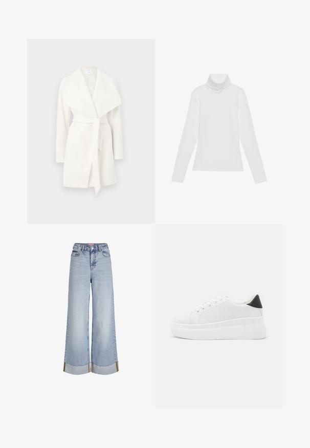 Bela dolgimi rokavi ovita jakna s širokim ovratnikom in pasom; izdelana iz mehke tkanine z gladko teksturo in čistimi linijami.; Bela dolga majica s turtleneck ovratnikom, izdelana iz gladke, raztegljive tkanine. Ima visok ovratnik in prilega telesu, brez vidnih vzorcev ali okrasitev.; Svetlo modri široki traper hlače z visokim pasom, z razparanimi robovi in kontrastnimi šivi, izdelane iz traper materiala.; Bele platform tenisice izdelane iz gladkega sintetičnega materiala, z zaobljenim prstom, sistemom vezalk in teksturiranim gumijastim podplatom. Črn dodatek na peti.