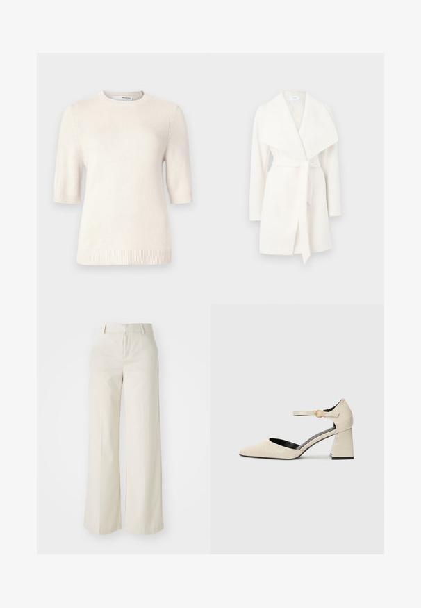 Balta garo piedurkņu iesaiņota mēteli ar plašu apkakli un sasienamu jostu; izgatavota no mīksta auduma ar gludu tekstūru un tīrām līnijām.; Īsām piedurknēm, apaļas kakla svārki off-white krāsā, ar gludu dzijas struktūru un ribotiem piedurknēm un apakšmalu. Vienkāršs, viegls dizains.; Platas kājās bikses gaisā bežā krāsā, izgatavotas no gludas auduma. Iezīmē klasisku jostasvietu un plakanu priekšpusi ar tīrām līnijām.; Beige mākslīgās ādas kurpes ar bloķētu papēdi, ar asu purngalu, potītes siksniņu un sīku krokodila tekstūru. Melna iekšējā oderējuma.