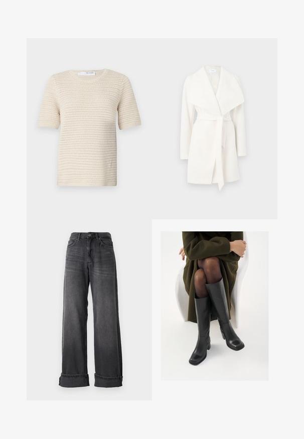 Balta ilga rankovėmis apvyniota striukė su plačia apykakle ir diržu; pagaminta iš minkštos medžiagos su lygiu paviršiumi ir švariomis linijomis.; Nertinis trumpomis rankovėmis megztinis kreminės baltos spalvos, su tekstūruotu raštu, apvali iškirpte ir tampriais rankogaliais, suteikiančiais struktūrą.; Plonos kojų džinsai tamsiai pilkame džinsiniame audinyje, turintys aukštą juosmenį, penkias kišenes ir sukamuosius kraštus papildomam akcentui. Lygus tekstūra su subtiliais blukimais.; Juodos odinės pradžios ilgio bateliai su kvadratu formos nosimi ir bloko kulnu, demonstruojami su modeliu, sėdinčiu alyvuogių žalios spalvos švarku. Lygi tekstūra, minimalus puošimas.