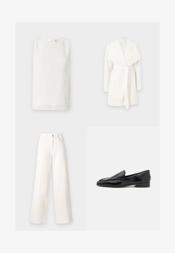 Bijela dugá rukava omotna jakna s širokim ovratnikom i remenom; izrađena je od mekog materijala s glatkom teksturom i čistim linijama.; Bijela bezrukavna majica s teksturiranom tkaninom, valovitim uzorcima i čipkastim detaljima. Okrugli izrez i završni rub s dekorativnom trakom.; Široke traperice od off-white denima, s prednjim zatvaranjem na dugme, dva bočna džepa i čistim linijama bez ukrasa.; Crne kožne loaferice s glatkom površinom, s ubrusnim dizajnom duž prednjeg ruba i niskim kvadratnim potplatom.