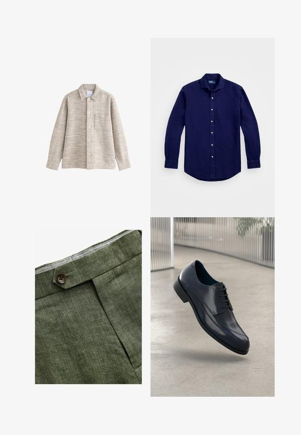 Giacca camicia beige con trama, colletto, bottoni frontali e taschino sul petto. Il tessuto presenta un sottile motivo orizzontale.; Camicia a maniche lunghe blu navy in un tessuto leggero e testurizzato. Presenta una chiusura con bottoni sul davanti, colletto punta e orlo arrotondato.; Pantaloni in lino verde oliva con piega frontale, dotati di chiusura con bottone e una fodera a quadretti a contrasto nella cintura.; Scarpa da cerimonia in pelle nera lucida con lacci, sospesa sopra un pavimento grigio chiaro e con barre metalliche verticali sullo sfondo.