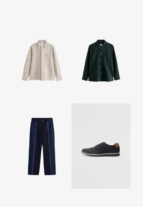 Bež sako košulja s teksturom, ovratnikom, prednjim gumbima i džepom na prsima. Tkanina ima suptilan horizontalni uzorak.; Tamnozelena košulja s dugim rukavima, ovratnikom i jednim džepom na grudima; sadrži bijele gumbe i meku teksturu.; Traperice s širokim nogavicama, s kontrastnim tamnoplavim panelima i bijelim šavovima duž stranica. Prednje zatvaranje na gumb.; Crne sintetičke cipele s teksturiranim gornjim dijelom, glatkim akcentima, smešnim petom i kontrastnom potplatom. Imaju minimalne vezice i detalje šivanja.