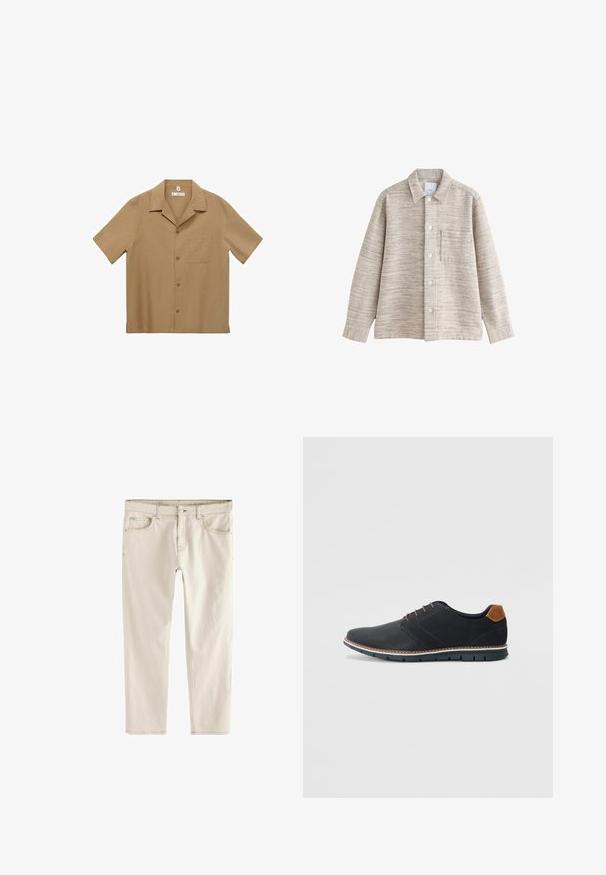 Beige gestructureerde shirtjas met een kraag, knopen aan de voorkant en een borstzak. De stof heeft een subtiel horizontaal patroon.; Korte mouwen overhemd met knopen in lichtbruine stof met een zak, rechte zoom en klassieke kraag. Soepele textuur en een ontspannen pasvorm.; Lichte beige slim-fit jeans met een rechte pijp, vijf zakken, knoop- en ritssluiting, en verstevigde stiksels langs de naden.; Zwarte synthetische schoenen met een gestructureerde bovenkant, gladde accenten, bruine hak en een contrasterende zool. Bevat minimale veters en stikdetails.
