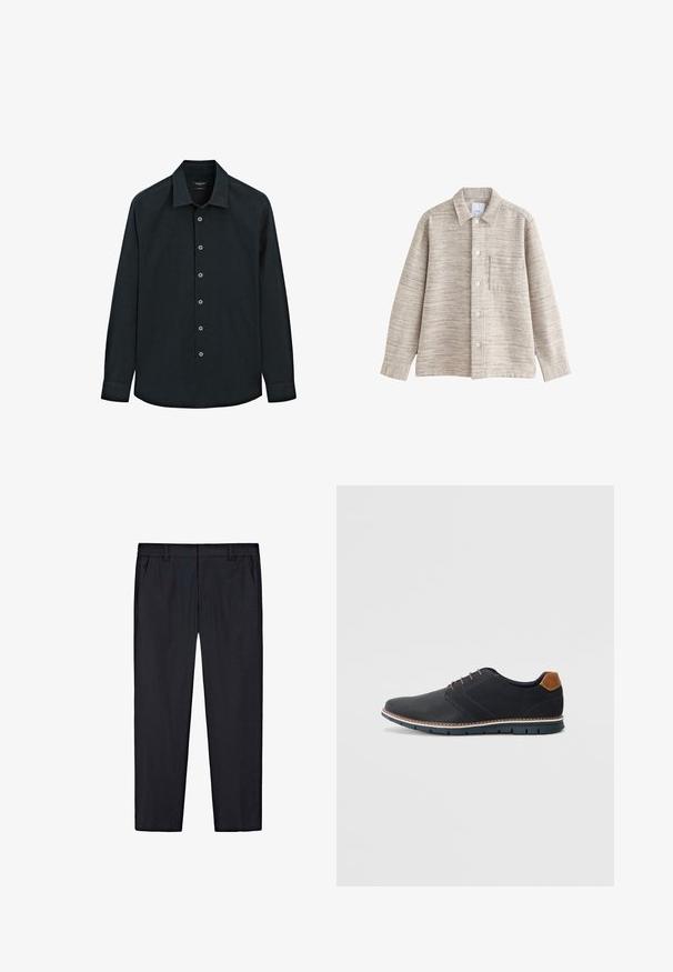 Giacca camicia beige con trama, colletto, bottoni frontali e taschino sul petto. Il tessuto presenta un sottile motivo orizzontale.; Camicia nera a maniche lunghe, con colletto, sette bottoni davanti e polsini, esposta su sfondo bianco.; Pantaloni neri a gamba dritta con elastico in vita, passanti per cintura e tasche laterali, esposti in posizione piatta su sfondo bianco.; Scarpe sintetiche nere con tomaia testurizzata, dettagli lisci, tacco marrone e suola a contrasto. Presentano una lacerazione minimale e dettagli di cucitura.