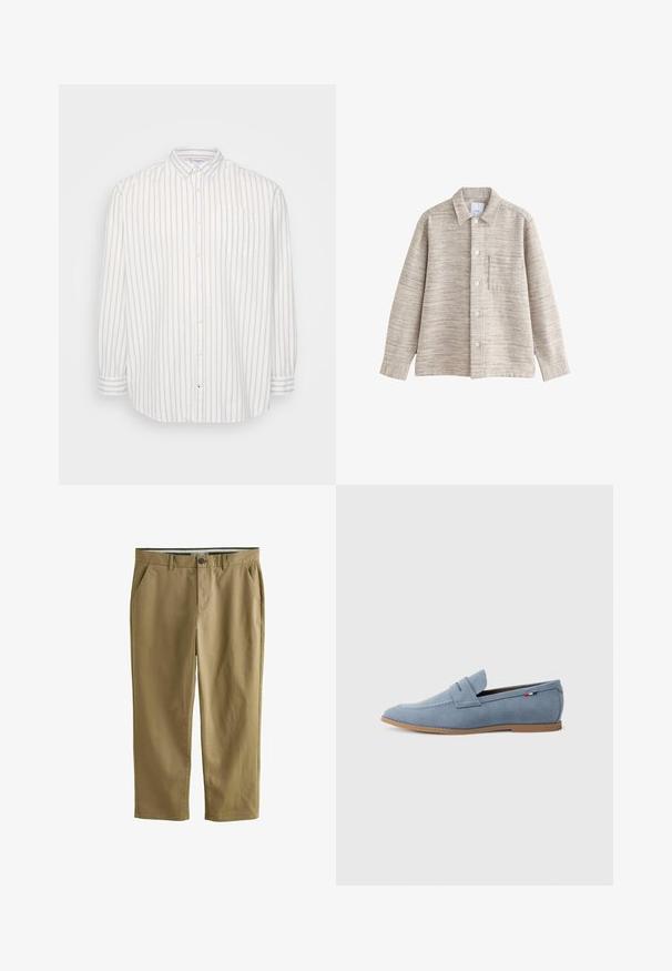 Šviesiai pilkas tekstūrinis marškinių švarkas su apykakle, priekiniais mygtukais ir krūtine kišene. Audinys turi subtilų horizontalių linijų raštą.; Balti marškiniai su baltais ir šviesiai smėliniais dryžiais, ilgomis rankovėmis, kišenė kairėje krūtinės pusėje, klasikinio tipo apykaklė, lengva medžiaga.; Chaki chino kelnės, pagamintos iš medvilnės mišinio, su dviem šoniniais kišenėmis, mygtukų užsegimu, tiesiomis kojomis ir lygiu paviršiumi.; Šviesiai mėlynas zomšinės loafer stiliaus batų modelis su lygia tekstūra, dekoratyvine siuvinėjimu ir rudos gumos padu. Išskirtinai turi monetų lizdo dizainą ant viršaus.