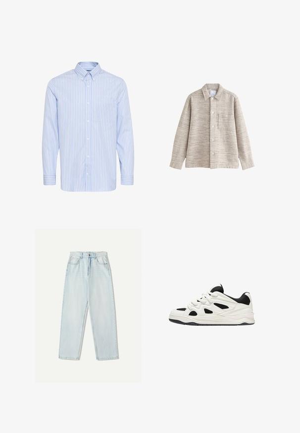 Beige gestructureerde shirtjas met een kraag, knopen aan de voorkant en een borstzak. De stof heeft een subtiel horizontaal patroon.; Lichtblauwe, lange mouwen, button-up overhemd met witte verticale strepen en een enkele borstzak. Voorzien van een klassieke kraag en knoopmanchetten.; Lichtblauwe denim jeans met een relaxte pasvorm, recht model, vijf zakken en subtiele vervaging in de stof.; Witte en zwarte sportschoenen met een gestructureerde zool, voorzien van uitsnijdingen aan de zijkanten en veters, en een gevoerde achterkant voor ondersteuning.