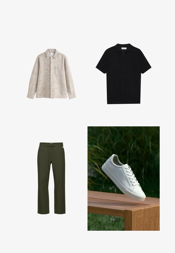 Bežs teksturēts krekla žakets ar apkakli, priekšējiem pogām un krūšu kabatu. Audumam ir smalka horizontāla raksts.; Melns īsām piedurknēm polo krekls ar teksturētu, ribotu audumu, ar V veida kakla izgriezumu un taisnu apakšmalu. Bez redzamām emblēmām vai rakstiem.; Olivzaļas bikses ar auklu jostu, taisnu kāju dizainu, mīkstu auduma tekstūru un nelielu logo etiķeti priekšpusē.; Baltas šņorējamais sneakers, kas pārvietojas virs koka solu ar zaļiem zariem fona, izceļot apavu dizainu un tekstūru.
