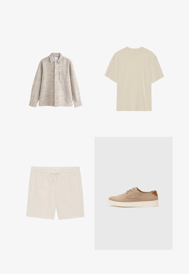 Beige Texturierte Hemdbluse mit Kragen, Frontknöpfen und Brusttasche. Der Stoff hat ein dezentes horizontales Muster.; Cremfarbener T-Shirt mit kurzen Ärmeln, das über eine subtile gestreifte Textur und einen runden Ausschnitt verfügt, aus leichtem Stoff gefertigt.; Helle beigen Shorts aus weichem Material, mit einem Kordelzugbund, seitlichen Taschen und einer dezenten gesprenkelten Textur.; Beige Wildleder-Sneaker mit runder Zehenpartie, Schnürung und strukturiertem Rückenteil. Die weiße Gummisohle sorgt für einen Kontrast. Einfaches und modernes Design.
