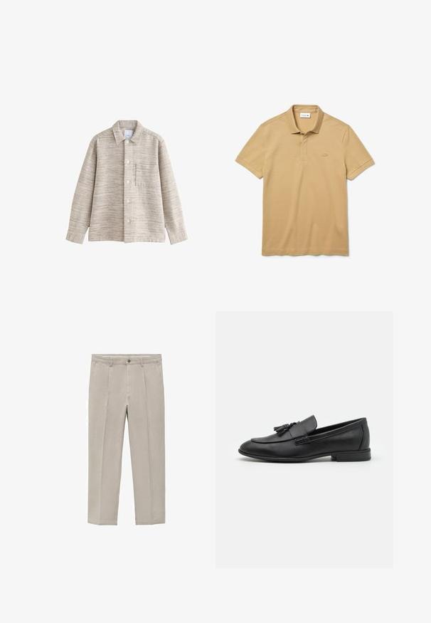 Beige Texturierte Hemdbluse mit Kragen, Frontknöpfen und Brusttasche. Der Stoff hat ein dezentes horizontales Muster.; Beige Lacoste Poloshirt aus Baumwolle. Er verfügt über einen gerippten Kragen, eine Drei-Knopf-Leiste und ein tonal gesticktes Logo auf der Brust.; Helle beige Hose aus einem Baumwollgemisch mit geradem Bein, Frontfalten, einem Knopfverschluss und Seitentaschen.; Schwarze Lederloafer mit glatter Oberfläche, verziert mit einer Quastenakzent an der Vorderseite, runder Zehenform und niedrigem Absatz. Einfaches und elegantes Design.