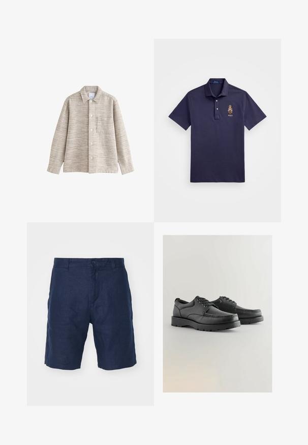 Šviesiai pilkas tekstūrinis marškinių švarkas su apykakle, priekiniais mygtukais ir krūtine kišene. Audinys turi subtilų horizontalių linijų raštą.; Polo Ralph Lauren CUSTOM SLIM POLO BEAR MESH POLO SHIRT - Polo marškinėliai - faded blue bear; Tamsiai mėlynos lininės šortai su mygtuko užsegimu, tiesaus kirpimo dizainu, sklandžiu paviršiumi ir minimalistišku stiliumi.; Juodos odinės bateliai su tekstūruota viršutine dalimi, apvaliu priekiu, raištelių dizainu ir storais guminiais padais su protektoriumi.