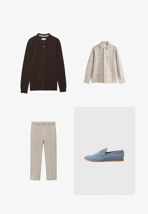 Béžová texturovaná košová bunda s golierom, prednými gombíkmi a vreckom na hrudi. Tkanina má jemný horizontálny vzor.; Dlhý rukáv polo tričko z tmavohnedej bavlny, s golierom, trojradovým zapínaním na gombíky a bielymi pruhmi. Hladká textúra.; Svetlo béžové nohavice vyrobené z bavlnenej zmesi, s rovnými nohavicami, prednými záhybmi, zapínaním na gombík a bočnými vreckami.; Svetlomodré semišové mokasíny s hladkou textúrou, dekoračným prešívaním a hnedou gumovou podrážkou. Obsahujú dizajn s penny výrezom na hornej časti.