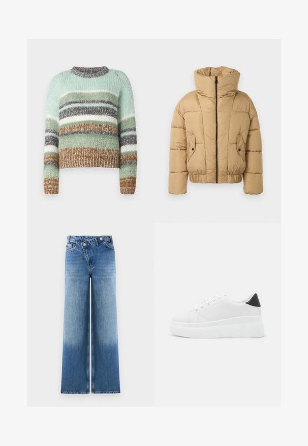 Σακάκι τύπου puffer σε κοντό μήκος, μπεζ χρώμα, με ψηλό γιακά, κλείσιμο με φερμουάρ στο μπροστινό μέρος και δύο μπροστινές τσέπες. Φτιαγμένο από πλεκτό υλικό με ελαστικότητα στο τελείωμα.; ONLY ONLALYSSA LIFE O NECK - Πουλόβερ - magnet/aqua gray/cloud dancer/hedge green; Ανοιχτό μπλε παντελόνια καμπάνα με ξεθωριασμένο φινίρισμα, διαθέτουν κλασικό σχέδιο πέντε τσεπών και μεταλλικά κουμπιά στη μέση.; Λευκά πλατφόρμα αθλητικά παπούτσια κατασκευασμένα από λείο συνθετικό υλικό, με στρογγυλή μύτη, σχέδιο με κορδόνια και υφασμένη καουτσούκ σόλα. Μαύρη έγχρωμη λεπτομέρεια στη φτέρνα.