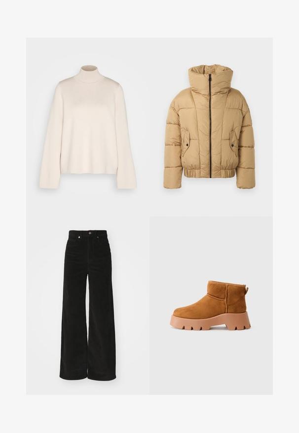 Kratka bežna puffer jakna z visokim ovratnikom, z zadrgo spredaj in dvema sprednjima žepoma. Narejena je iz podložnega materiala z elastiko na obrobju.; Kremasta turtleneck pulover s dolgimi rokavi, izdelan iz mehkega pletenega materiala. Ima prilegajoč ovratnik in sproščen silhuet. Brez vidnih vzorcev ali poudarkov.; Črne široke žametne hlače z visokim pasom, ki imajo dva sprednja žepa in kovinski gumb za zapiranje. Teksturovana tkanina z navpičnimi rebrinami.; Bež nubuk gležnjarji z zaobljenim prstom, teksturirano rjavo podplato in zanko za zatezanje. Imajo šivano šiv in močno platformo.