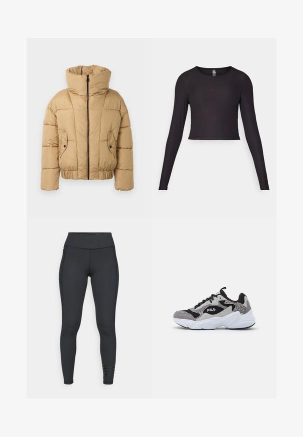 Lyhyt, beige puffatakki korkean kauluksen, vetoketjun etuosan ja kahden etutaskun kanssa. Valmistettu tikatusta materiaalista, jossa on elastisuus helmassaan.; Musta pitkähihainen lyhyt toppi ribbimateriaalista. Omaaa pyöreän pääntien ja tiukan siluetin, jossa on teksturoitu pinta.; Mustat legginsit, jotka on valmistettu joustavasta materiaalista. Niissä on korkea vyötärö, tyylikäs muotoilu ja raidalliset yksityiskohdat nilkassa.; Harmaa, musta ja valkoinen lenkkari, jossa on teksturoitu päällinen, pehmustettu tasku, paksu valkoinen pohja ja verkkopaneelit hengittävyyden lisäämiseksi.