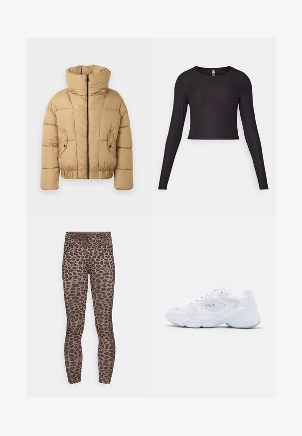 Rövid, bézs színű puffernadrág magas gallérral, cipzáras elülső résszel és két elülső zsebbel. Steppelt anyagból készült, az alján elasztikus szegéllyel.; Fekete, hosszú ujjú, crop fazonú felső bordázott anyagból. Kerek nyakkivágással és testhezálló sziluettel rendelkezik, textúrázott felülettel.; ONLY Play ONPANI SEAM - Leggingek - walnut/black; Fehér sportcipő strukturált hálós felső résszel, párnázott bokarésszel és masszív talppal. Oldalán logóval és fűzős záródással rendelkezik.