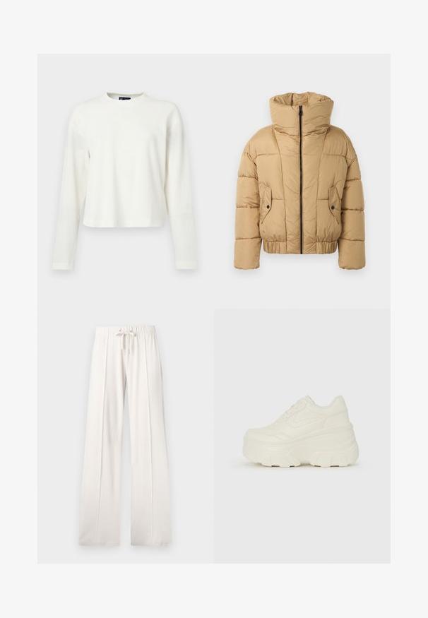 Short, beige puffer jacket with a high collar, zip front, and two front pockets. Made from quilted material with elastic at the hem.; White ribbed long-sleeve top with a round neckline and relaxed fit. Fabric texture is soft and slightly stretchy. Straight hemline at the bottom.; Light beige sweatpants made of soft fabric, featuring a drawstring waist, wide legs, and vertical seams, with a smooth texture.; White platform sneakers featuring a smooth leather-like upper, rounded shape, padded collar, and textured rubber sole with defined treads.