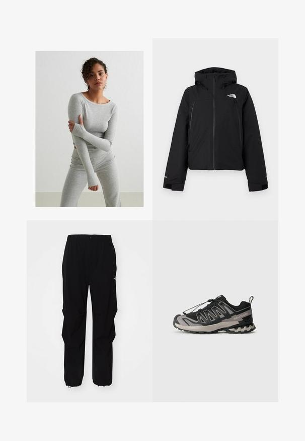 Czarna ocieplana kurtka z kapturem, z zamkiem z przodu i dwoma kieszeniami po bokach. Posiada logo na lewej piersi oraz elastyczne mankiety.; Szara bluzka z długim rękawem i dopasowane legginsy wykonane z tkaniny w prążek, z otworami na kciuki i okrągłym dekoltem, na jednolitym tle.; Czarne spodnie na świeżym powietrzu wykonane z wytrzymałego materiału, z luźnym krojem, elastycznym pasem i ściągaczami przy mankietach, umożliwiającymi regulację długości.; Czarno-szare buty sportowe z siateczkową cholewką, gumową podeszwą i elastycznym systemem sznurowania. Posiadają wzmocniony czubek i teksturowane akcenty.