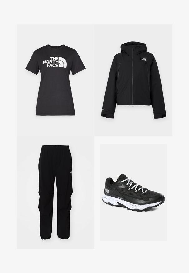 Sort isoleret jakke med hætte, der har lynlås foran og to sidelommer. Inkluderer et logo på venstre bryst og elastiske manchetter.; Sort bomulds T-shirt med stort hvidt "THE NORTH FACE" logo og buet accent. Korte ærmer og rund hals, glat tekstur.; Sorte udendørsbukser lavet af slidstærkt materiale, med en afslappet pasform, elastisk talje og tilpassede lukninger ved anklerne for justerbar længde.; Sort atletiksko med mesh-overdel og tekstureret design. Har hvidsprækket mellemsål, tykk sort ydersål og reflekterende snørebånd.
