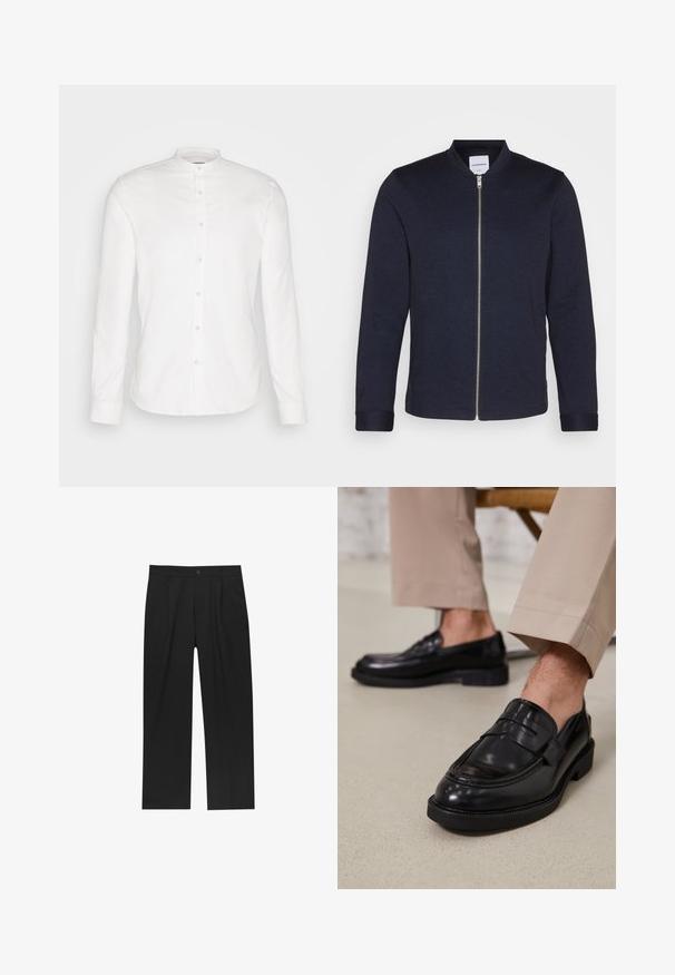 Ciemnoniebieska kurtka bomberka z przednim zamkiem, okrągłym dekoltem i mankietami. Wykonana z gładkiego materiału o minimalistycznym designie.; Biała, długosleeve koszula z kołnierzykiem mandaryńskim i przednim zapięciem. Wykonana z bawełny, charakteryzująca się gładką teksturą i zapięciami na guziki.; Czarne spodnie o prostym kroju, wykonane z gładkiego materiału. Posiadają zakładki z przodu i pojedyncze zapięcie na guziki w pasie.; Czarne skórzane mokasyny o gładkim wykończeniu, z dekoracyjnym paskiem i kontrastowym szwem, w połączeniu z beżowymi spodniami.