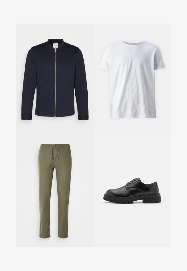 Giacca bomber blu navy scura con zip frontale, collo rotondo e maniche a costine. Realizzata in un tessuto liscio con un design minimalista.; T-shirt bianca a maniche corte in tessuto leggero. Collo rotondo con texture liscia e senza motivi o dettagli visibili.; Pantaloni leggeri color verde oliva con taglio dritto, vita con cordoncino regolabile e tessuto leggermente testurizzato. Nessuna tasca visibile.; Scarpe in pelle nera con punta arrotondata, design lace-up e suola in gomma spessa e testurizzata. Presentano una cucitura lungo il bordo e una finitura liscia.