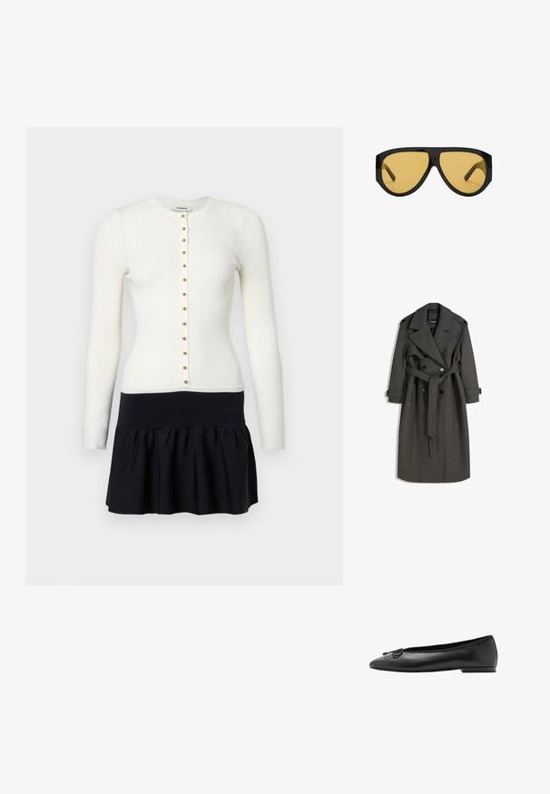 Grahamfarbener Woll-Trenchcoat mit einem doppelreihigen Design, breiten Revers und einem passenden Gürtel. Verfügt über schwarze Knöpfe und verstellbare Manschettenriemen.; Gerippter weißer Cardigan mit langen Ärmeln und goldenen Knöpfen, kombiniert mit einem schwarzen, ausgestellten Rock mit einem taillierten Bund.; Schwarze Ballerinas aus Leder mit abgerundetem Zeh, schlankem Silhouette und einer dekorativen Schleife vorne. Niedriger, rechteckiger Absatz.; Sonnenbrille mit einem eleganten, schwarzen Kunststoffrahmen und gelb getönten Gläsern, in einer markanten, eckigen Form und breiten Schläfen für zusätzlichen Schutz.