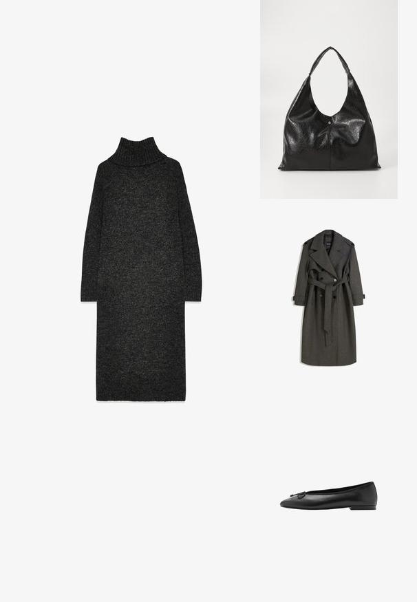 Cappotto lungo grigio in lana con design doppiopetto, ampi rever e cintura abbinata. Presenta bottoni neri e cinturini dei polsini regolabili.; Abito a collo alto lavorato a maglia grigio scuro con vestibilità morbida, maniche lunghe e finitura testurizzata. Presenta un colletto e un orlo a coste.; Ballet flats in pelle nera con punta arrotondata, silhouette sottile e un fiocco decorativo sulla parte anteriore. Tacco basso e rettangolare.; Borsa hobo in pelle nera con una texture liscia e lucida, caratterizzata da un manico largo e curvato e una lieve piega frontale con chiusura a scatto metallica.