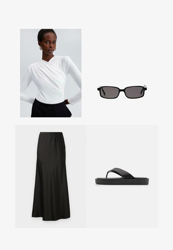 Gray wool trench coat with a double-breasted design, wide lapels, and a matching belt. Features black buttons and adjustable cuff straps.; White long-sleeve top with a wrap design and gathered detail at the shoulder, paired with high-waisted black trousers featuring a button closure.; Black satin maxi skirt with a smooth texture, high waist, and flared bottom. Features a simple design with no visible patterns or hardware.; Black flip-flop sandals with a smooth upper strap and a textured platform sole. Minimalist design with a low-profile silhouette.; Black rectangular sunglasses with gray lenses, plastic frame, and metallic accents on the temples. Smooth texture and minimalist design.