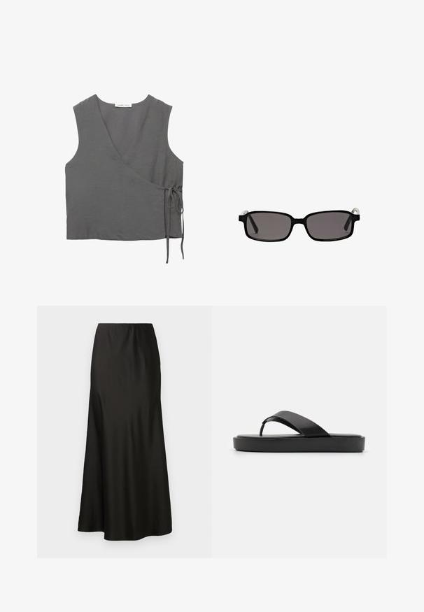 Grijze wollen trenchcoat met een dubbelzijdig ontwerp, brede revers en een bijpassende riem. Voorzien van zwarte knopen en verstelbare manchetten.; Grijze mouwloze wikkeltop van lichtgewicht stof, met een V-hals en een strikdetail aan de zijkant. Soepele textuur, eenvoudig ontwerp.; Zwarte satijnen maxi-rok met een gladde textuur, hoge taille en uitlopende onderkant. Heeft een eenvoudig ontwerp zonder zichtbare patronen of hardware.; Zwarte flip-flop sandalen met een soepele bovenband en een gestructureerde platformzool. Minimalistisch ontwerp met een laag profiel.; Zwarte rechthoekige zonnebril met grijze lenzen, kunststof montuur en metalen accenten op de pootjes. Soepele textuur en minimalistisch ontwerp.; Zwarte geweven tote bag met twee handvatten. Zachte textuur, slungelige vorm en een grote, ronde vorm. Geen zichtbare hardware of accenten.