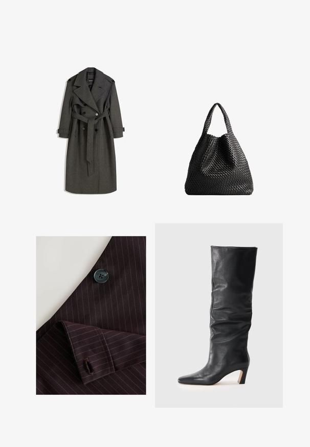 Harmaa villatrenssitakki, jossa on kaksirivinen malli, leveät kaulukset ja yhteensopiva vyö. Takkissa on mustat napit ja säädettävät hihansuut.; Musta harmaa lyhythihainen neulepaita, joka on valmistettu pehmeästä, tuftatusta neuleesta. Ominaisuuksiin kuuluu pyöreä kaula-aukko ja hieman rento istuvuus. Yksinkertainen, selkeä muotoilu.; Maroon-raita kankaan, joka sisältää mustan napin ja räätälöidyn hihansuun. Sisältää hienoja pinstripes-viivoja ja ommellun napinreiän yksityiskohdan.; Musta nahkasaapas, joka ulottuu puoleen säärään, jossa on hieman röllykkä varsi ja teräväkärkinen muoto vaalealla taustalla.; Musta kudottu laukku kahdella kantokahvalla. Pehmeä rakenne, lässyttävä muotoilu ja suurikokoinen, pyöreä muoto. Ei näkyviä metalliosia tai koristeita.