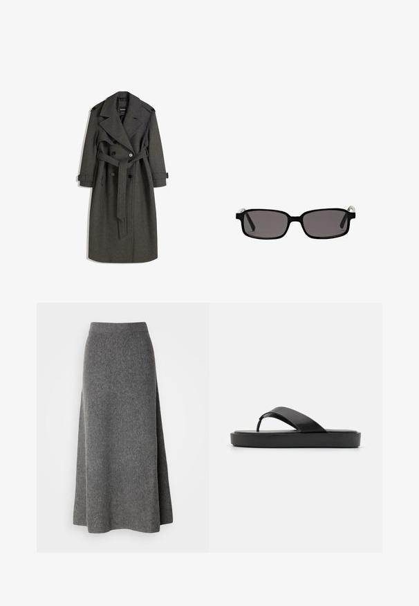 Grahamfarbener Woll-Trenchcoat mit einem doppelreihigen Design, breiten Revers und einem passenden Gürtel. Verfügt über schwarze Knöpfe und verstellbare Manschettenriemen.; Dunkelgrauer Kurzarmpullover aus weichem, strukturiertem Strick. Mit Rundhalsausschnitt und einer leicht lockeren Passform. Einfaches, klares Design.; Lindex SKIRT INA - Maxirock - dark grey melange; Schwarze Flip-Flop-Sandalen mit einem glatten Oberriemen und einer strukturierten Plattformsohle. Minimalistisches Design mit einer flachen Silhouette.; Schwarze rechteckige Sonnenbrillen mit grauen Gläsern, Kunststoffrahmen und metallischen Akzenten an den Schläfen. Glatte Textur und minimalistisches Design.